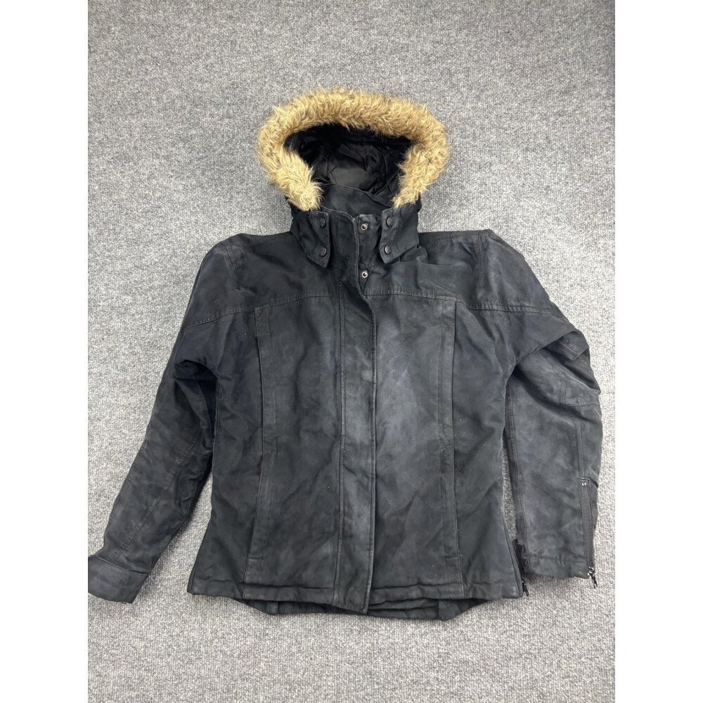 Outback Trading Company Jacket Womens‎ Small Black Gold Cup Hooded Faux Fur Trim
